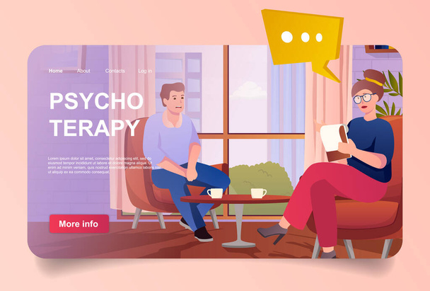 Psychotherapy concept in cartoon design for landing page. Man talking to woman psychotherapist while sitting at armchairs. Psychologists office. Vector illustration with people for web homepage - Vector, Image