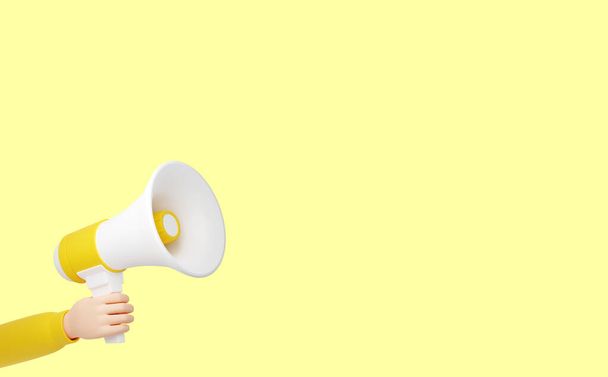 haut-parleur - main humaine tenant une bannière mégaphone jaune avec espace vide pour le texte - Photo, image