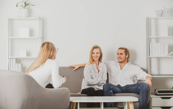 Psychology, family mental therapy, psychologist with couple at psychotherapy session on psychological consultation. Family at psychology session. - Photo, Image