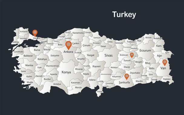 Turkki kartta, Infografiikka tasainen muotoilu värit lumivalkoinen, jossa nimet yksittäisten alueiden vektori - Vektori, kuva