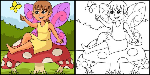Fairy siedzi na kolorowanie grzyb ilustracja - Wektor, obraz