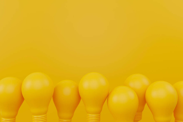 Gruppe von Glühbirnen gelb mit Raum. Konzept der kreativen Idee und Innovation. 3D-Darstellung - Foto, Bild