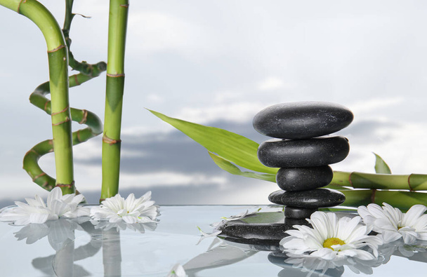 Курортные камни, бамбук и цветы в воде против облачного неба - Фото, изображение