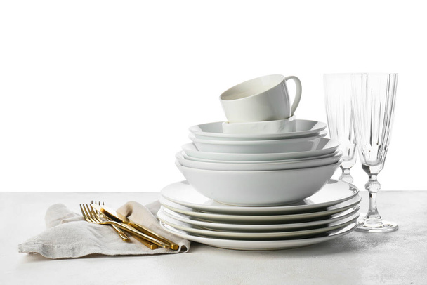Set of clean tableware isolated on white - Photo, Image