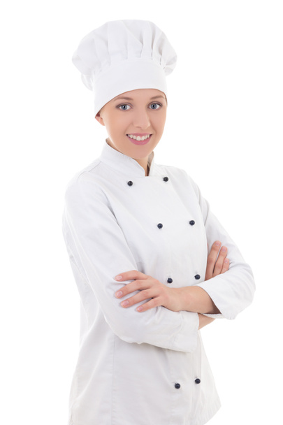 portrait of young woman chef  isolated on white - Foto, imagen