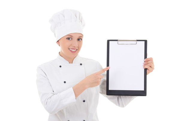 jonge vrouw in chef-kok uniforme bedrijf Klembord met blanco papier ik - Foto, afbeelding