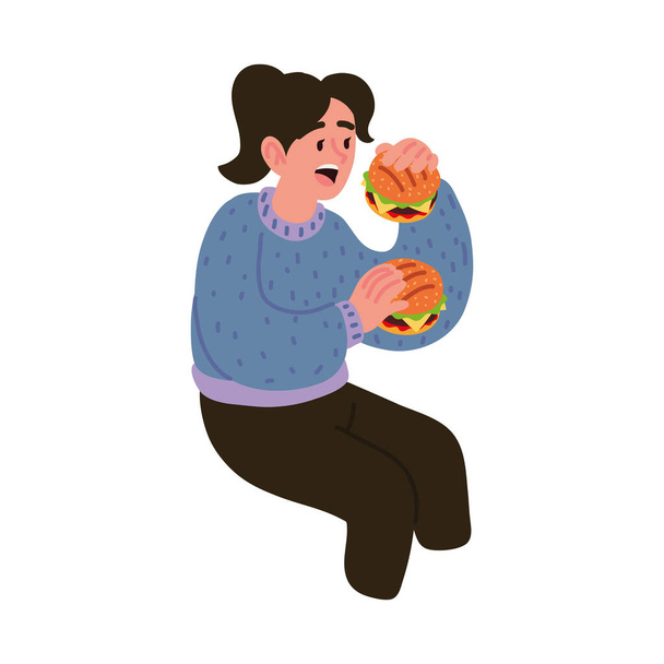 жінка їсть два бургер
 - Вектор, зображення