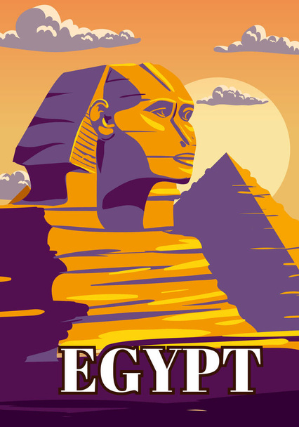 Vintage Poster Ancient Sphinx, Egypt Pharaoh Pyramids. Travel to Egypt Country, Sahara desert. Retro card illustration vector - Vettoriali, immagini