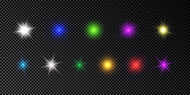Light effect of lens flares. Set of multicolor glowing lights starburst effects with sparkles on a dark transparent background. Vector illustration - Vector, imagen