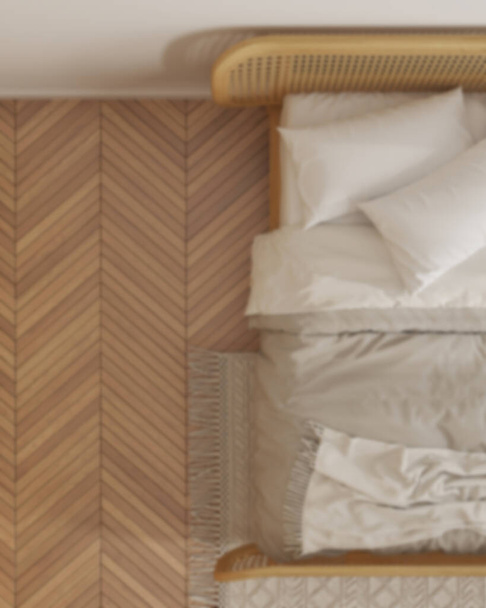Blur background, minimalist scandinavian wooden bedroom close up, top view, plan, above. Rattan furniture, double bed with duvet, blanket and pillows, parquet. Modern interior design - 写真・画像