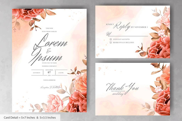 Plantilla realista de la tarjeta de invitación de la boda floral de la acuarela con la flor dibujada a mano y las hojas - Vector, Imagen