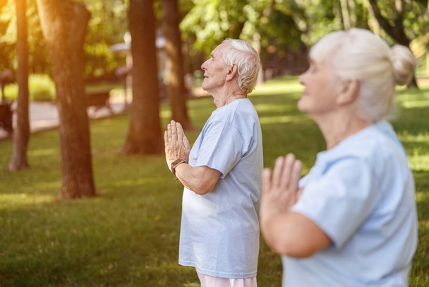 Старший чоловік медитує тримаючи руки в самоцвіті під час йоги з дружиною в мальовничому парку
 - Фото, зображення
