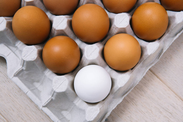 Brown raw chicken eggs and alone white egg in a tray side view - 写真・画像