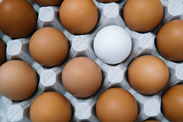 Flat lay of raw chicken eggs in egg paper box. Fresh brown chicken eggs and alone white egg - Φωτογραφία, εικόνα