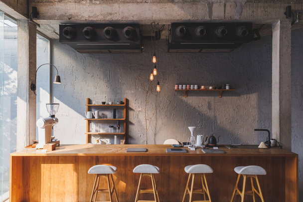 cafe interior Layout in a loft style in dark colors open space interior view of various coffee Welcome open coffee shop background - Fotó, kép