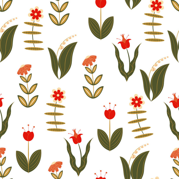 Seamless pattern of red flowers in folk style. Scandinavian illustration design for posters, banners, logos, cards, stickers. - Vector, Image