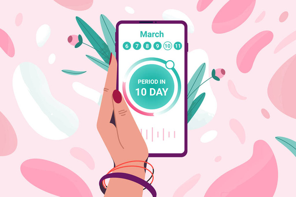 Mujer plana de mano teléfono inteligente con calendario de ciclo de menstruación - Vector, Imagen