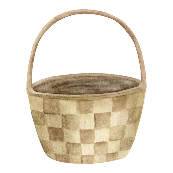 Watercolor wicker basket illustration. Hand painted brown empty woven container isolated on white background. Natural wood bag - Foto, Bild