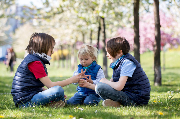 Three children, boy brothers, playing rock scissors paper game in blooming park - Valokuva, kuva