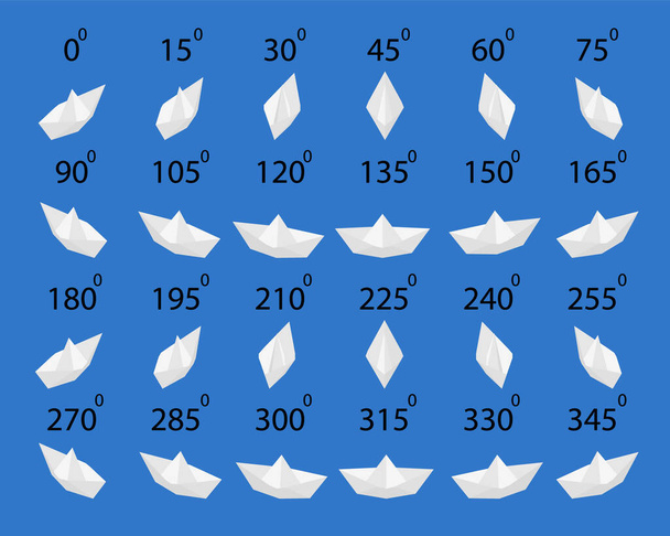 Set de barco de papel isométrico. Rotación del barco de papel por 15 grados para la animación. - Vector, Imagen
