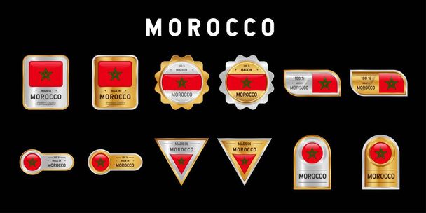 Gemaakt in Marokko Label, Stempel, Badge of Logo. Met ster en de nationale vlag van Marokko. Op platina, goud en zilver. Premium en luxe embleem - Vector, afbeelding