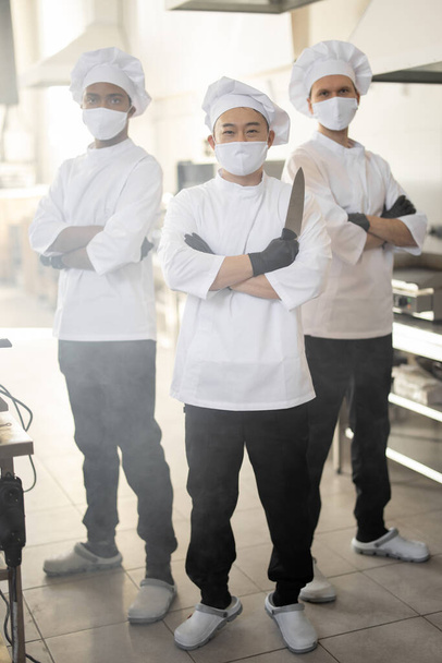 Farklı etnik kökenlere sahip aşçıların portresi restoran mutfağında yan yana duruyor. - Fotoğraf, Görsel