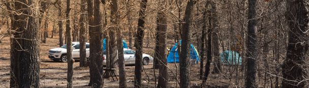 Panorama view row of tents and cars at camping site in national park of Oklahoma, America. Outdoor, explorer and recreational activities in a sunny wintertime day. - Photo, Image