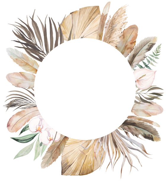 Υδατογραφία Bohemian κύκλο πλαίσιο με φτερά, τροπικά λουλούδια, αποξηραμένα φύλλα φοίνικα και pampas χόρτο εικονογράφηση, αντίγραφο χώρου. Στοιχείο για το σχεδιασμό του γάμου - Φωτογραφία, εικόνα