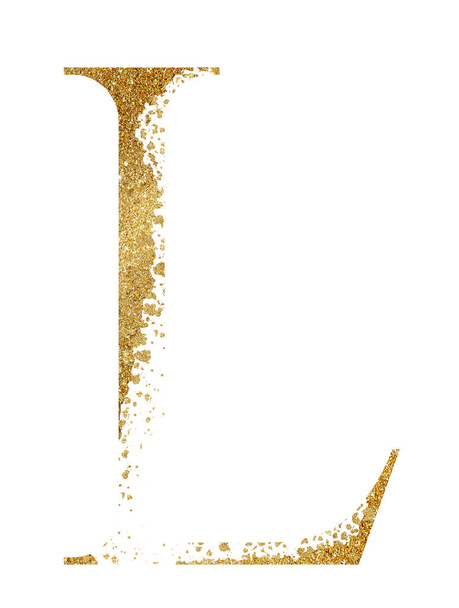 Golden glitter κεφαλαίο γράμμα L με διασπορά αποτέλεσμα απομονωμένη εικόνα. Λαμπερό αλφάβητο για κάρτες γάμου, γραφική ύλη διακοπών, χειροτεχνία - Φωτογραφία, εικόνα