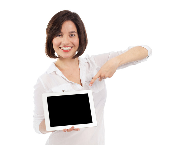 sevimli genç bir kadın bir elektronik tablet gösterilen - Fotoğraf, Görsel