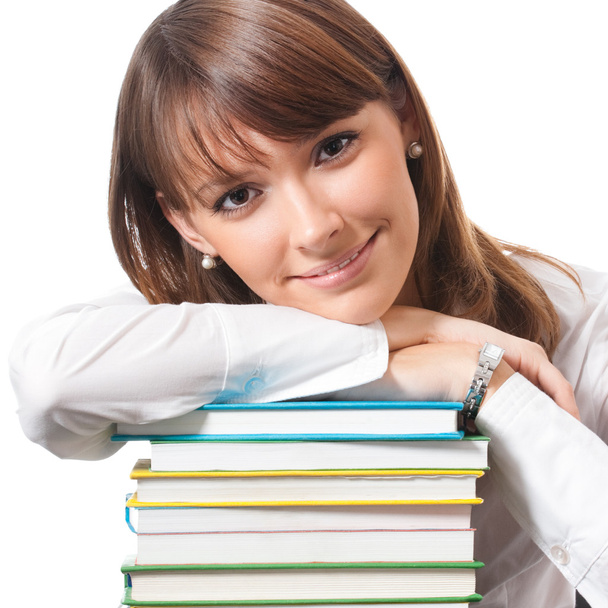 Young woman with textbooks, on white - Foto, Imagem