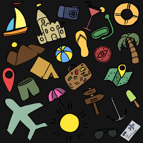Colored summer travel icons. Travel vacation set of icons, journey and trip background travel icons on black background - Wektor, obraz