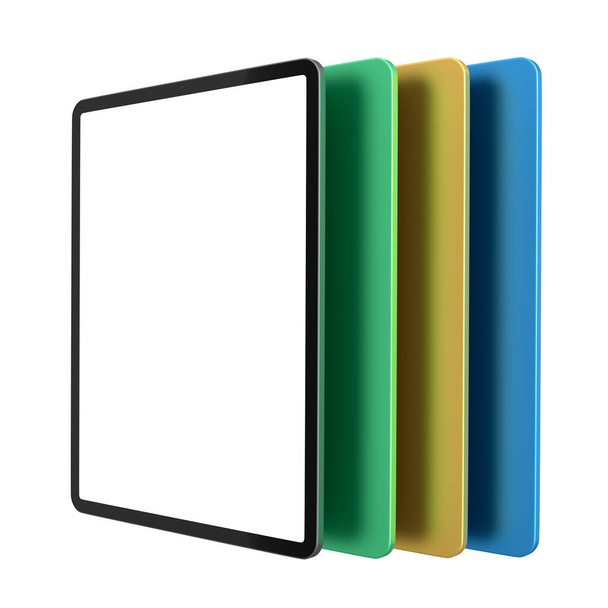 Set of computer tablets with cover case and blank screen isolated on white background. 3D rendering concept of creative designer equipment and compact workspace - Φωτογραφία, εικόνα