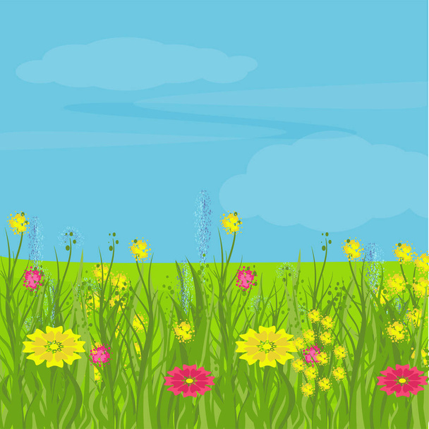 Μια πεδιάδα με πράσινο γρασίδι και λουλούδια. Μέντοου. Φωτεινό, πολύχρωμο διανυσματικό φόντο.  - Διάνυσμα, εικόνα