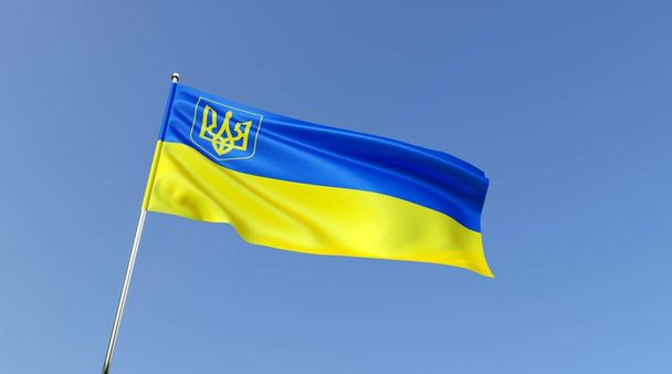 Flag of Ukraine on a blue background. Blue and yellow Ukrainian flag with coat of arms. State symbols of Ukraine. Trident. The flag flutters in the wind. 3D illustration. - Valokuva, kuva