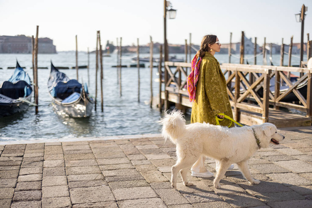 ヴェネツィア,イタリアの犬と一緒に歩くスタイリッシュな女性 - 写真・画像