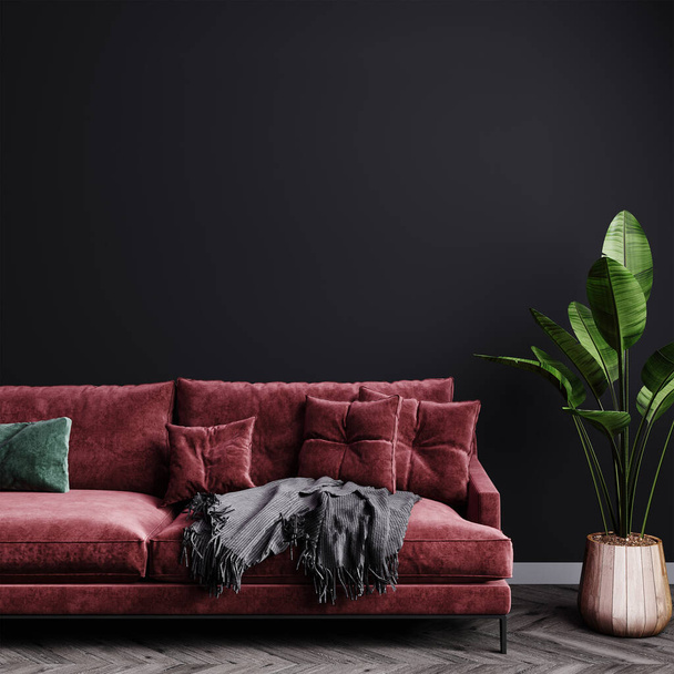 Moderno diseño de interiores de lujo sala de estar maqueta con sofá y planta de color rojo oscuro, vacío mockup pared gris oscuro, sala de estar fondo interior, 3d renderizado  - Foto, imagen