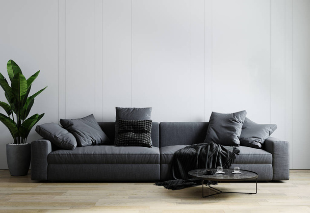 Stilvolles Interieur eines hellen Wohnzimmers mit grauem Sofa, Pflanze und Couchtisch mit Dekoration. Wohnzimmermockup. Modernes Designzimmer mit hellem Tageslicht. 3D-Darstellung - Foto, Bild