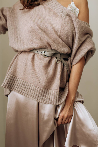 clothes close-up. model girl. clothing brand. minimalism. High quality photo - Фото, изображение