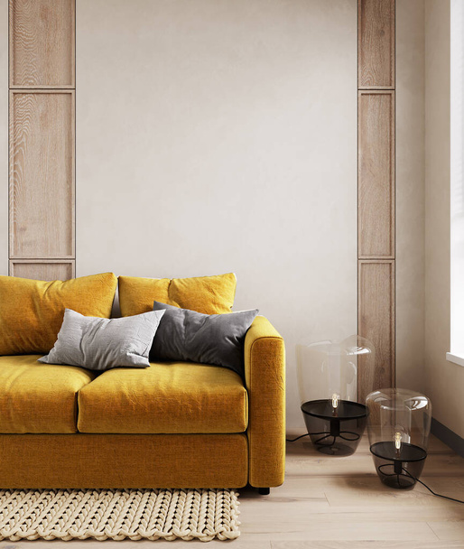 Современный интерьер с ярко-желтым диваном и декором. Трехмерный макет - Фото, изображение