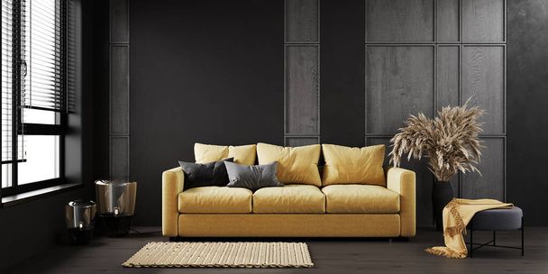 Home interior, luxury modern dark living room interior with yellow sofa, black wall mock up, 3d render - Foto, imagen