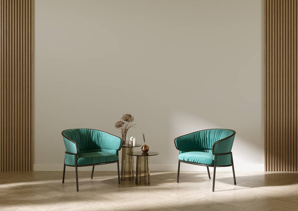 Wohnzimmer mit zwei grünen Sesseln, Dekoration im Wohnzimmer. 3D-Darstellung - Foto, Bild