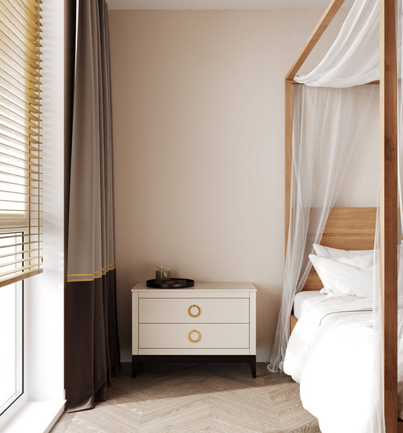 ホームモックアップ、海岸のbohoスタイルのベッドルームのインテリアの背景、 3Dレンダリング - 写真・画像