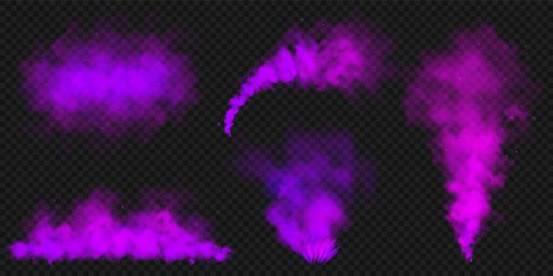 Realistic purple colorful smoke clouds, mist effect. Colored fog on dark background. Vapor in air, steam flow. Vector illustration. - Vector, Image