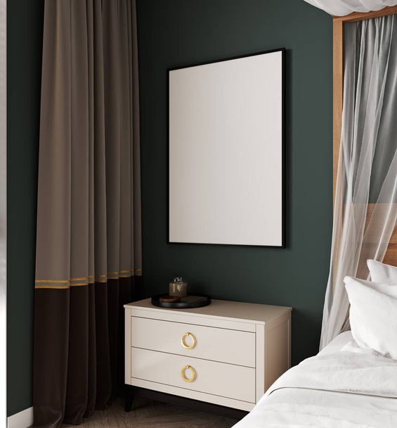 現代の寝室のインテリアの背景でフレームモックアップ、 3Dレンダリング - 写真・画像