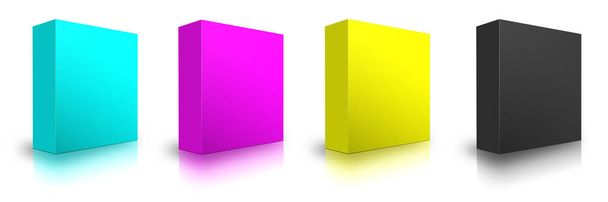 Neljä CMYK Software Laatikot tyhjä malli punainen, vihreä ja sininen esitys ulkoasuja ja suunnittelua. 3D-mallinnus. Digitaalisesti luotu kuva. Eristetty valkoisella pohjalla. - Valokuva, kuva