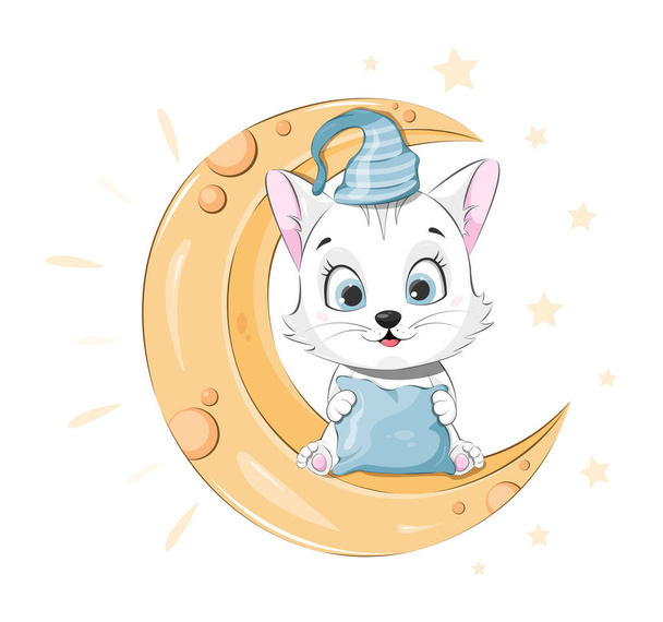 Cartoon niedliche Kätzchen auf dem Mond sitzen. Zeit zum Schlafen - Vektor, Bild