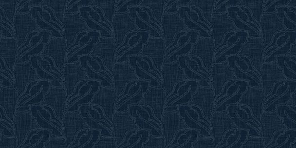 Dark indigo blue leaf dye stitch block print border. Japanese masculine boro effect seamless textile background. Tone on tone distressed wabi sabi embroidery style  - Photo, Image