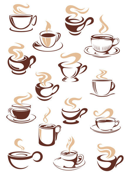 Joukko vektorihöyryäviä kuumia kuppeja kahvia
 - Vektori, kuva
