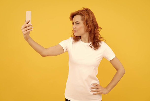having video call. influencer. Selfie loading. Woman blogger take selfie with smartphone. - Photo, Image